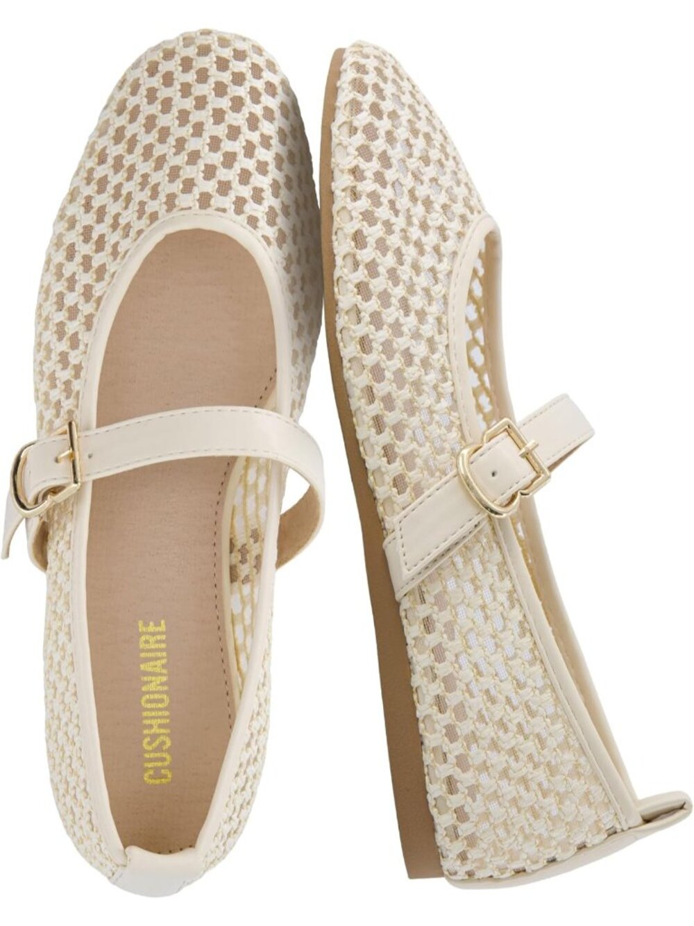 Women's Cream Breathable Adjustable Buckle Strap Mesh Mary Jane Ballet Flats